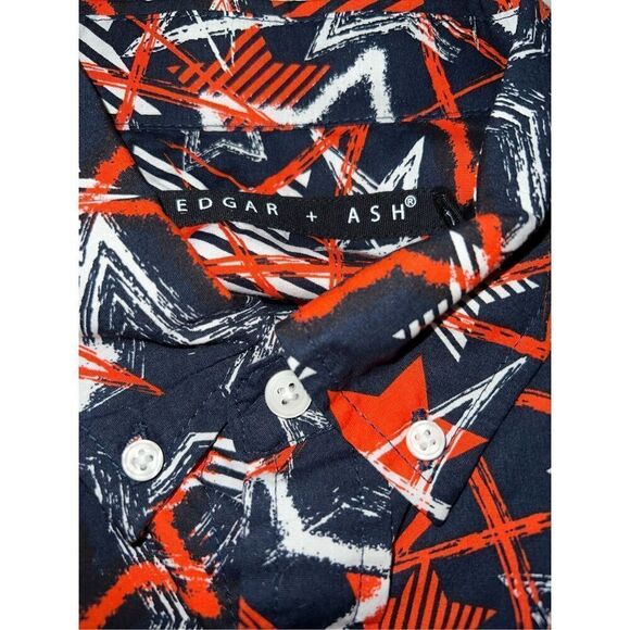 Edgar + Ash Mens M Stars Patriotic Button Up Short Sleeve Shirt Blue Orange New - Picture 7 of 8